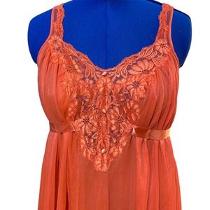 Vtg 60s MCM Sz Large Negligee Nightgown Double Layer Chiffon Lace Nylon Ribbon